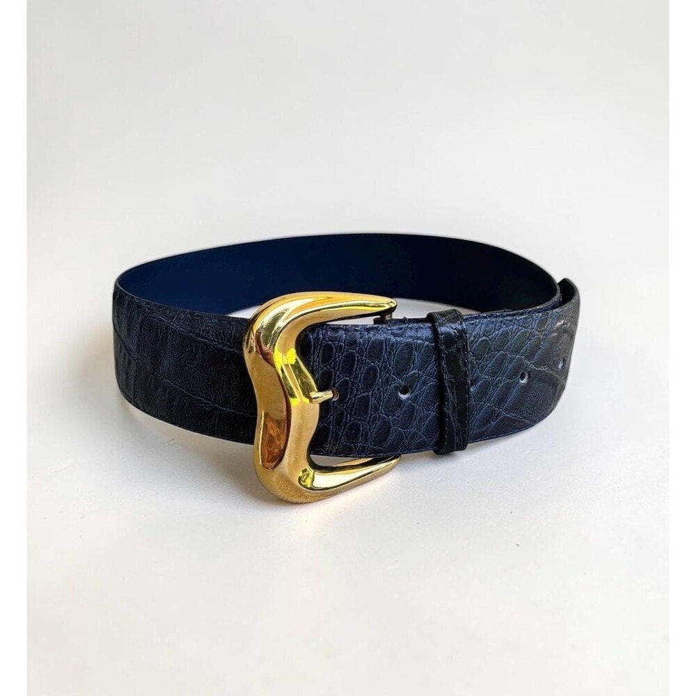 Vintage Milor Blue Croc Leather Wide Belt Gold Buckle SM